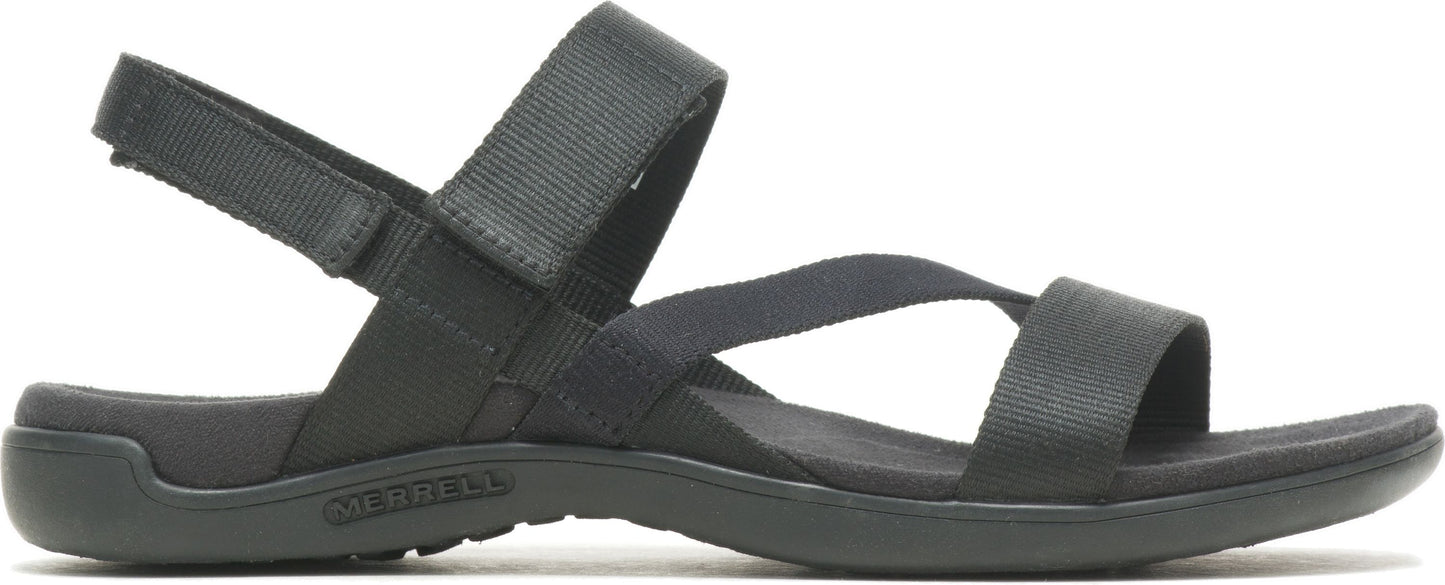 A black sandal with a criss-cross strap across the foot and an adjustable ankle strap.