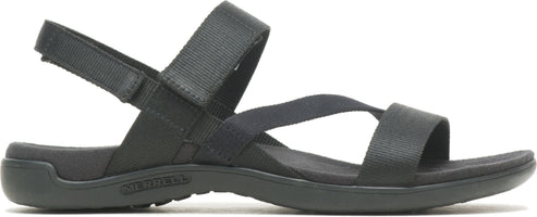 A black sandal with a criss-cross strap across the foot and an adjustable ankle strap.