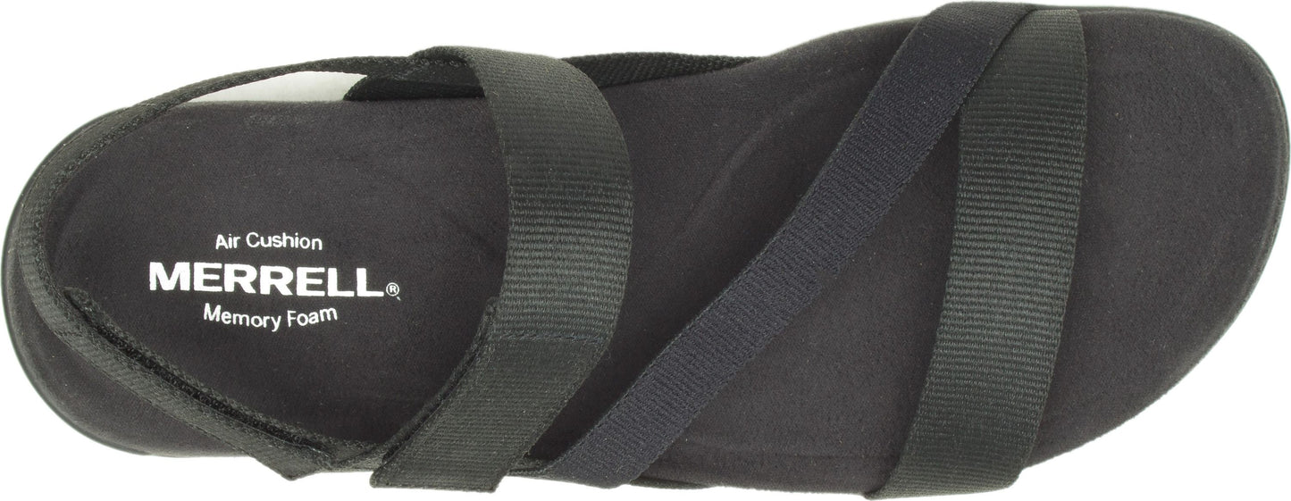 A top view of a black sandal with straps, featuring the text "MERRELL Air Cushion Memory Foam" on the sole.
