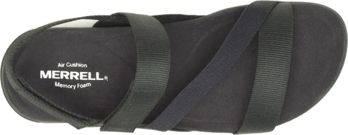 A top view of a black sandal with straps, featuring the text "MERRELL Air Cushion Memory Foam" on the sole.