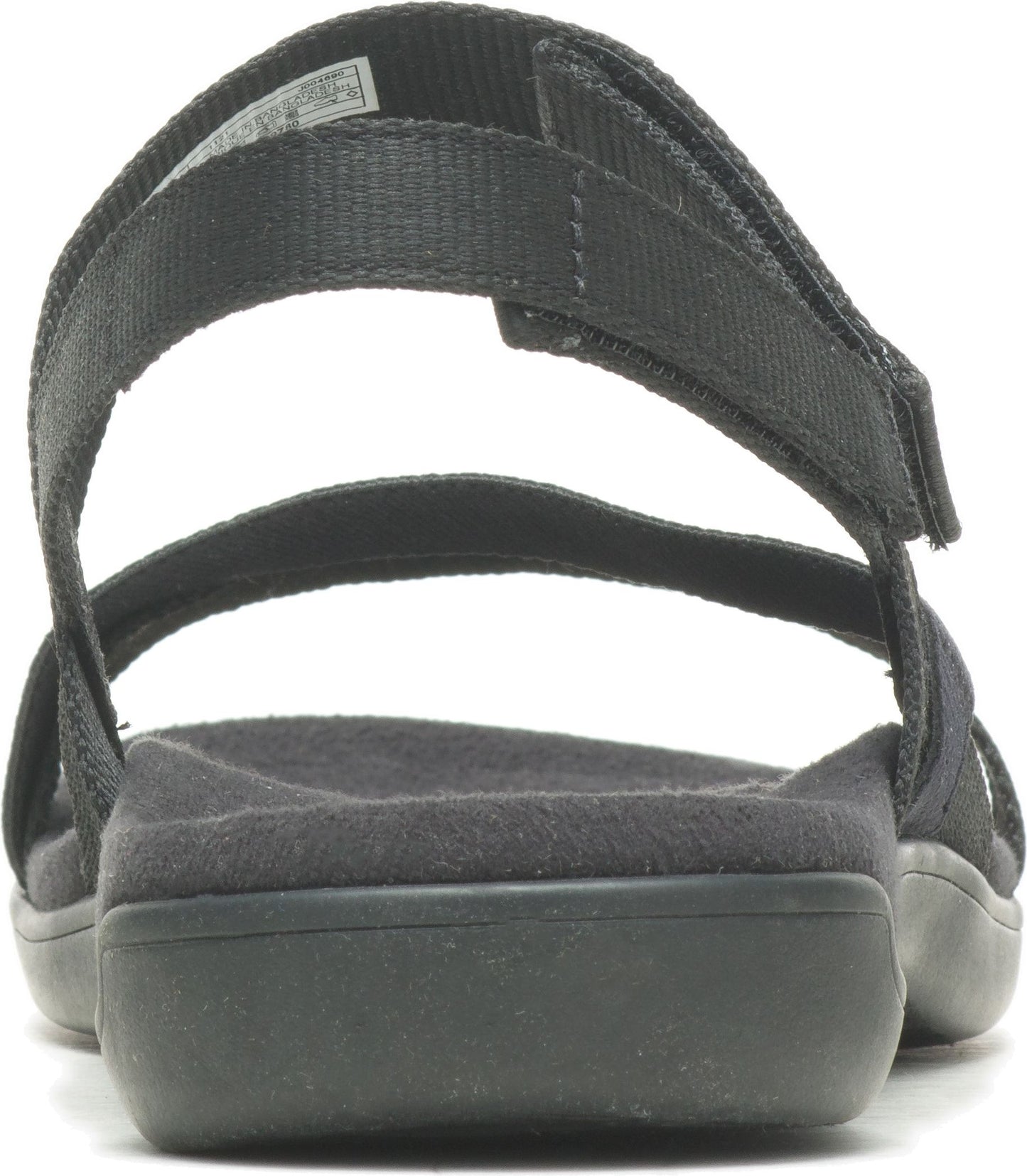 Black sandal with two straps and a back strap.