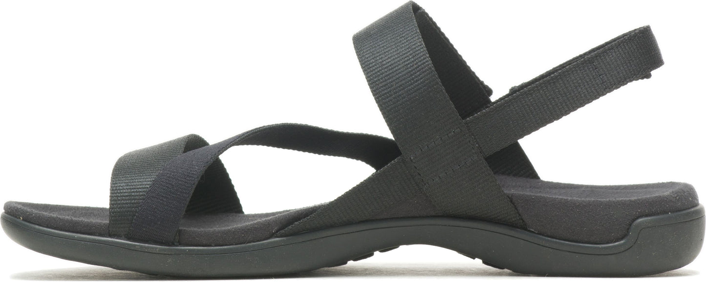 A black sandal with two straps, one going across the toes and the other around the ankle.