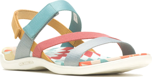Sandal with light blue, pink, grey and tan straps, with decorative insole and white outer sole.
