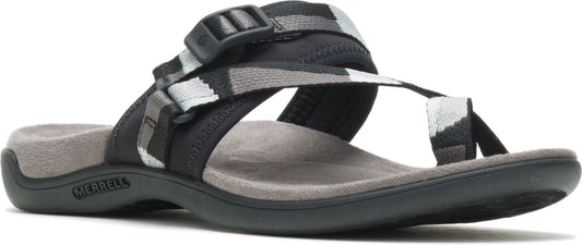 A sandal with gray soles and gray, black, and white straps.