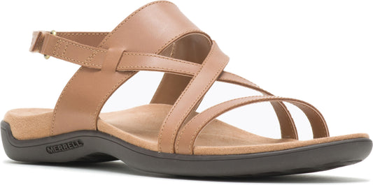 A tan leather sandal with multiple straps and an ankle buckle.