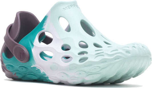 Aqua and white patterned slip-on shoe with gray heel strap and multiple holes.