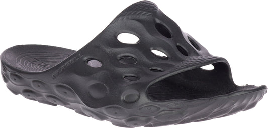 A black slide sandal with oval-shaped holes.