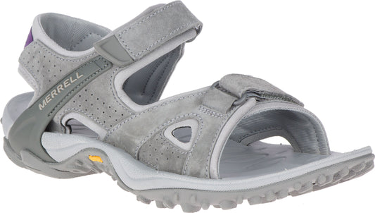 Grey sandal with hook and loop fasteners, and visible MERRELL text on the side.