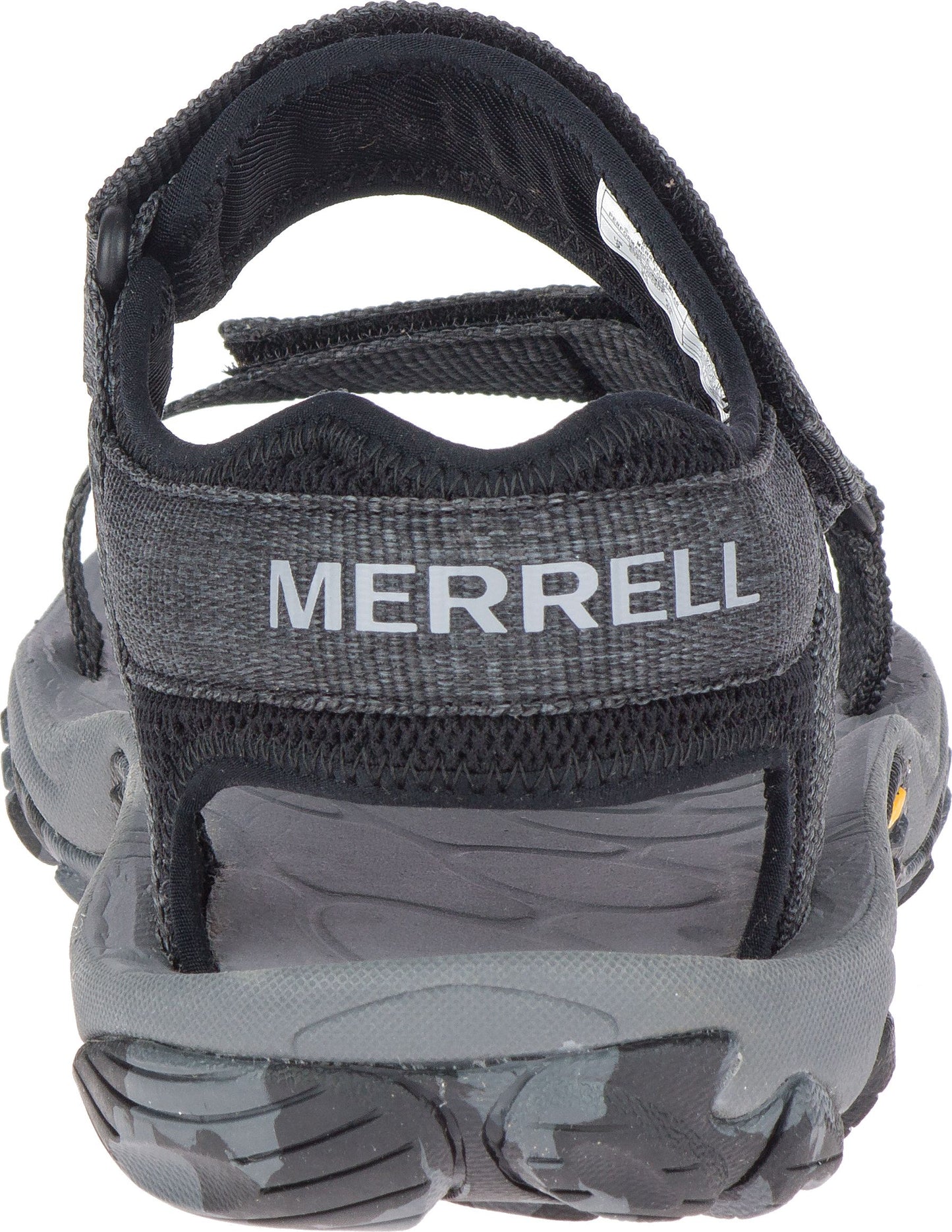 Back view of a black and gray sandal with the word "MERRELL" stitched on the heel strap.