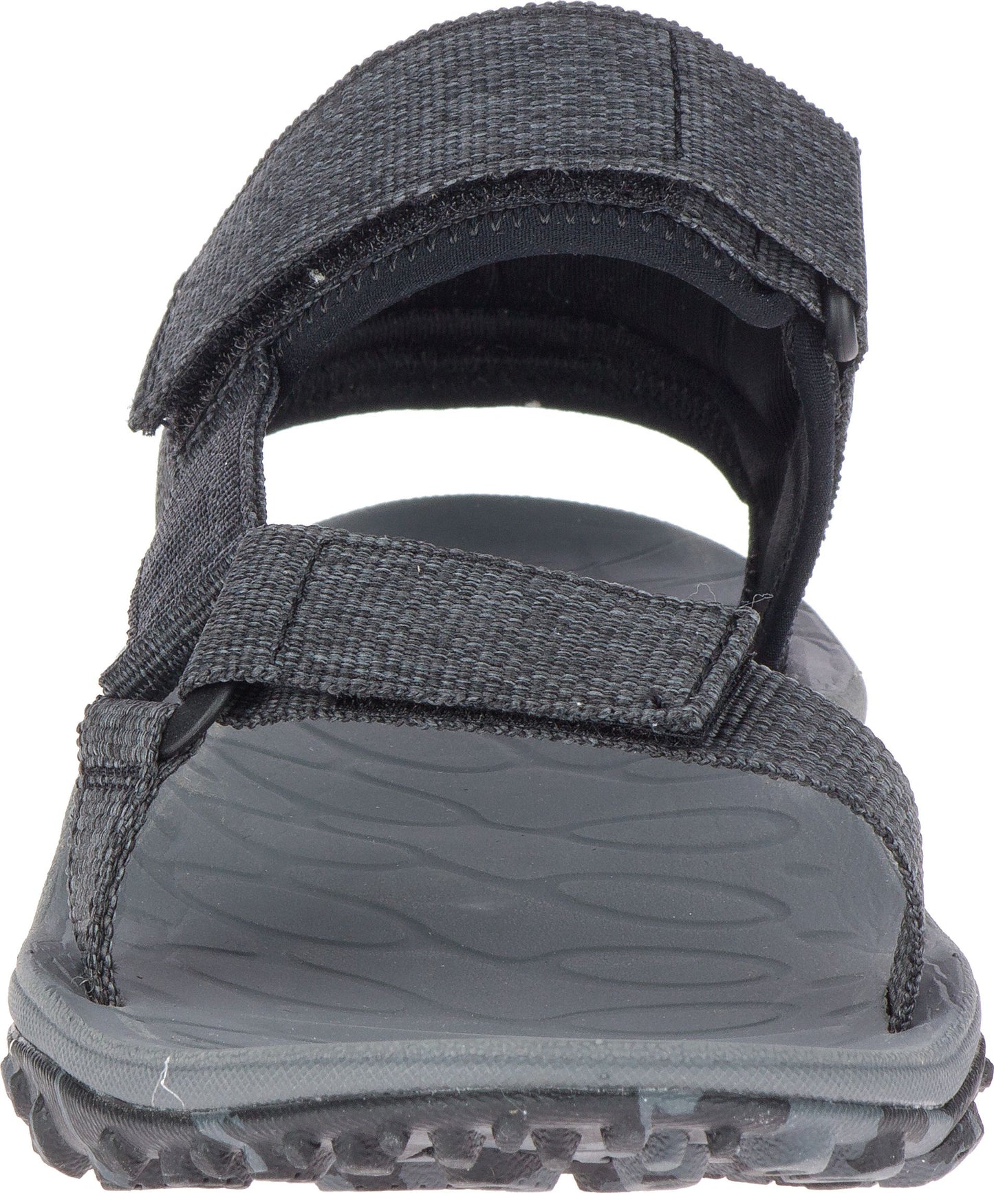 Front view of a black sandal with adjustable hook-and-loop straps and a patterned footbed.