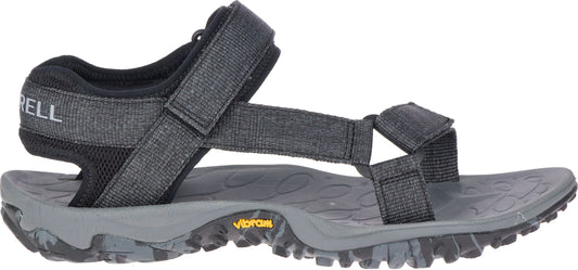 A sandal with adjustable straps over a gray sole.
