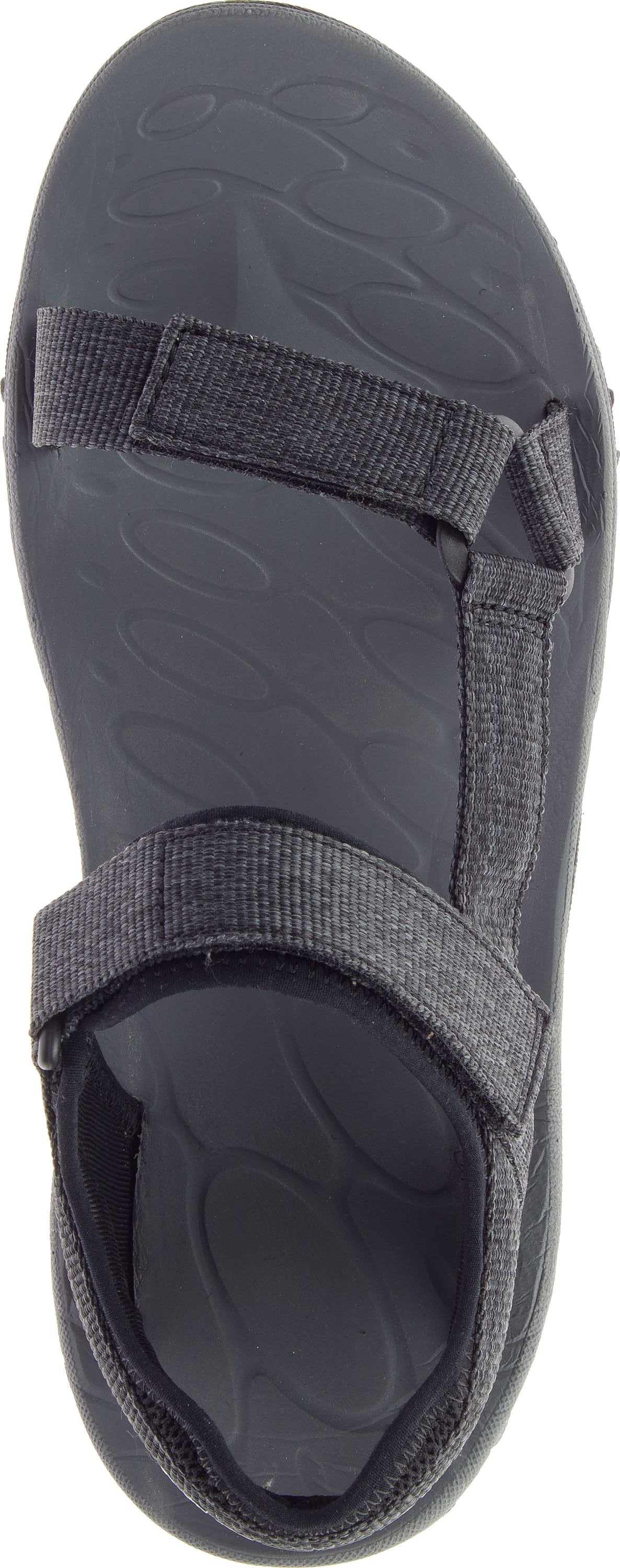 Overhead view of a gray sandal with three adjustable hook and loop straps.