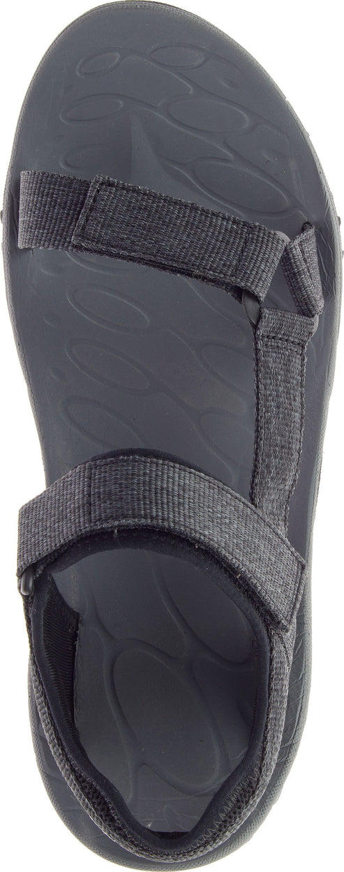 Overhead view of a gray sandal with three adjustable hook and loop straps.