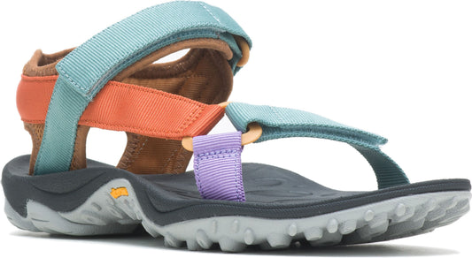 Side view of a multi-colored sandal with blue, orange, and purple straps on a dark gray sole.