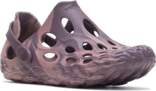 A brown and purple camouflage clog style shoe with a pivoting back strap.