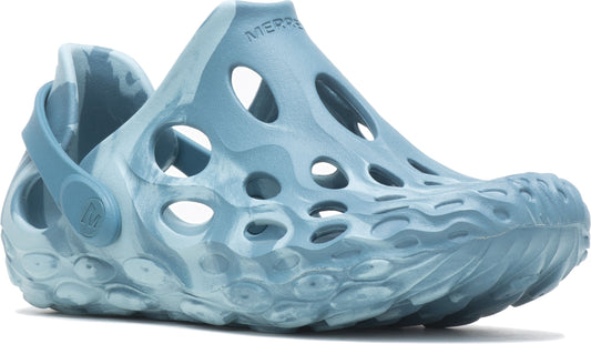 Perforated light blue clog with an adjustable heel strap.