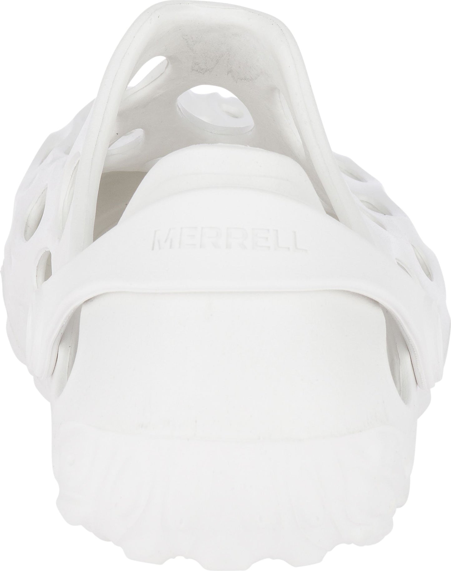 Rear view of a white, webbed clog with 'MERRELL' imprinted on the back strap.