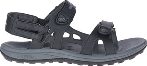 A black sandal with straps and the word "MERRELL" visible on the sole.