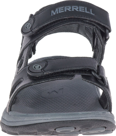 Front view of a black sandal with velcro straps and the word "MERRELL" on the largest strap.