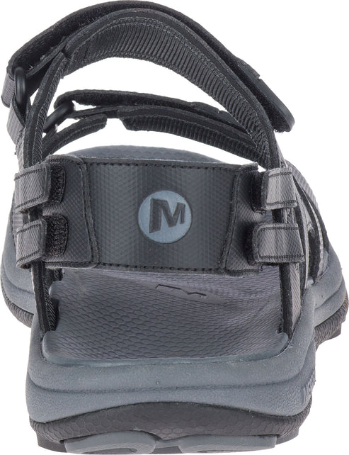 Back view of black sandal with adjustable straps and "M" logo on heel.