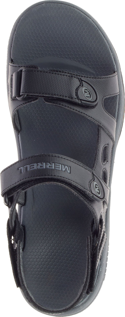 A black sandal with two adjustable straps, one across the top and one across the middle of the foot, with MERRELL embossed on the strap.