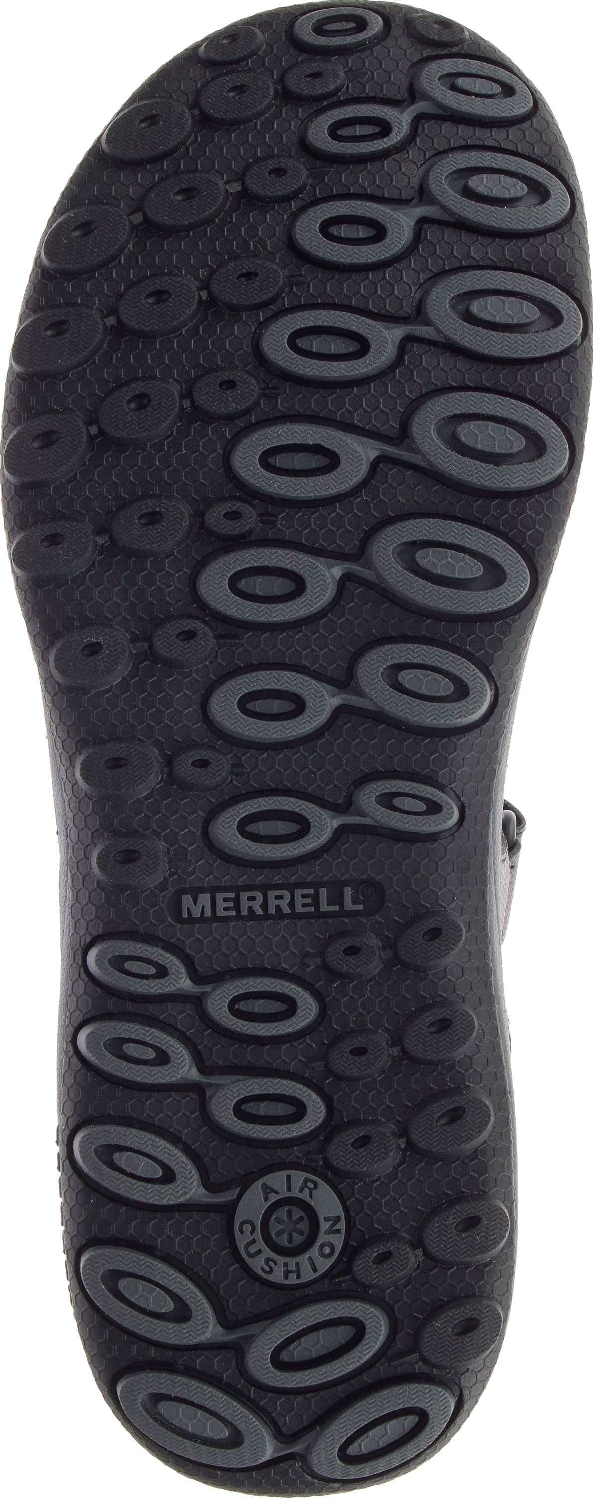 The outsole is black with circle and oval tread pattern and has the word MERRELL and AIR CUSHION on it.
