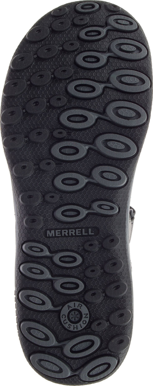 The outsole is black with circle and oval tread pattern and has the word MERRELL and AIR CUSHION on it.