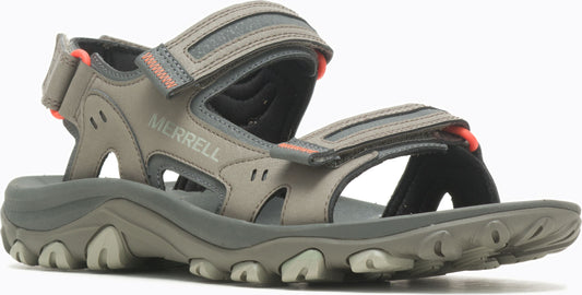 Gray sandal with adjustable hook-and-loop straps and a rugged sole, the word MERRELL is visible.