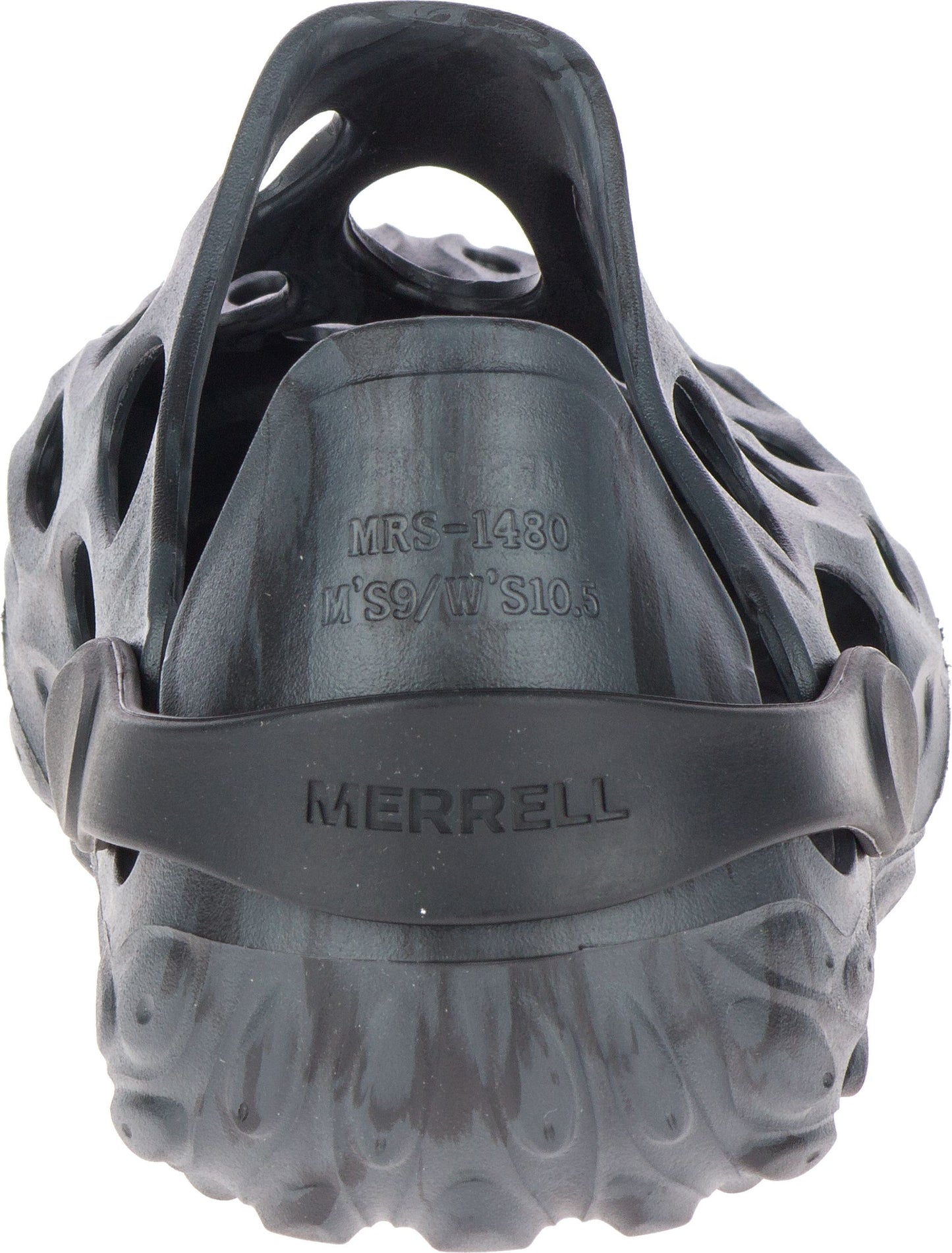 Gray textured clog with holes and black heel strap displaying the text 'MERRELL' and 'MRS-1480 M'S9/W'S10.4'.
