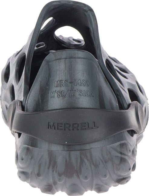 Gray textured clog with holes and black heel strap displaying the text 'MERRELL' and 'MRS-1480 M'S9/W'S10.4'.