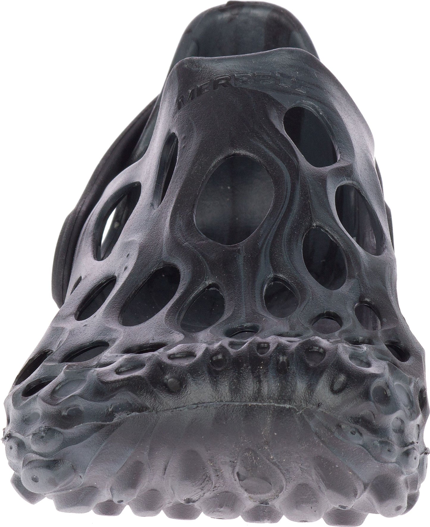 Charcoal-colored shoe with multiple round holes in the upper and sole.