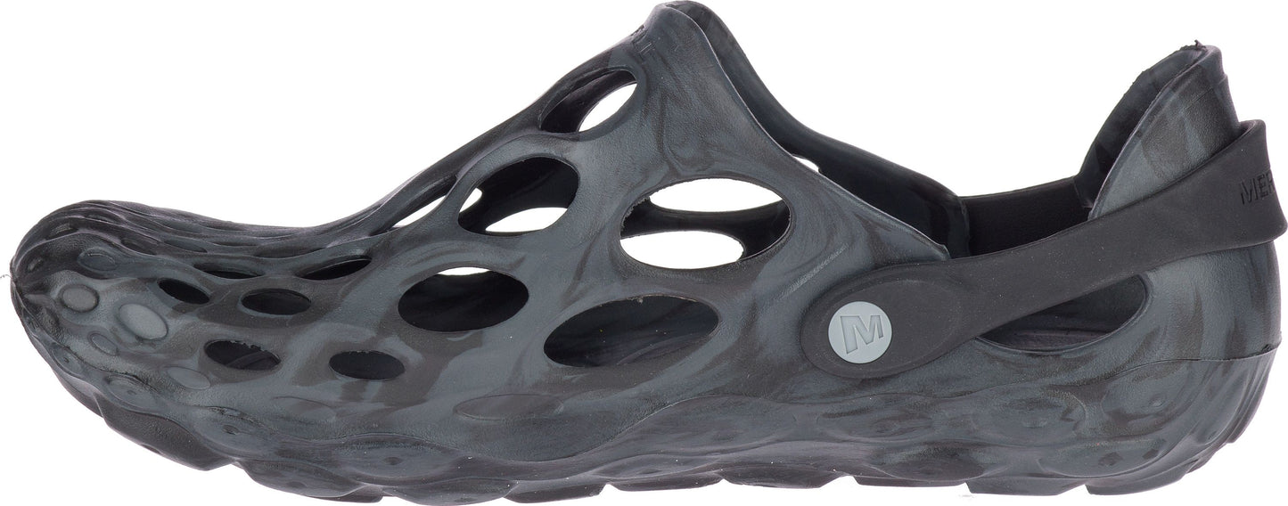 Charcoal grey slip-on shoe with circular holes and a moveable heel strap.