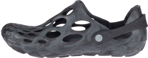 Charcoal grey slip-on shoe with circular holes and a moveable heel strap.