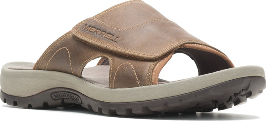 A brown sandal with the word MERRELL on the strap.