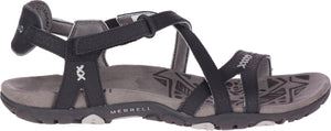 A black sandal with velcro straps.