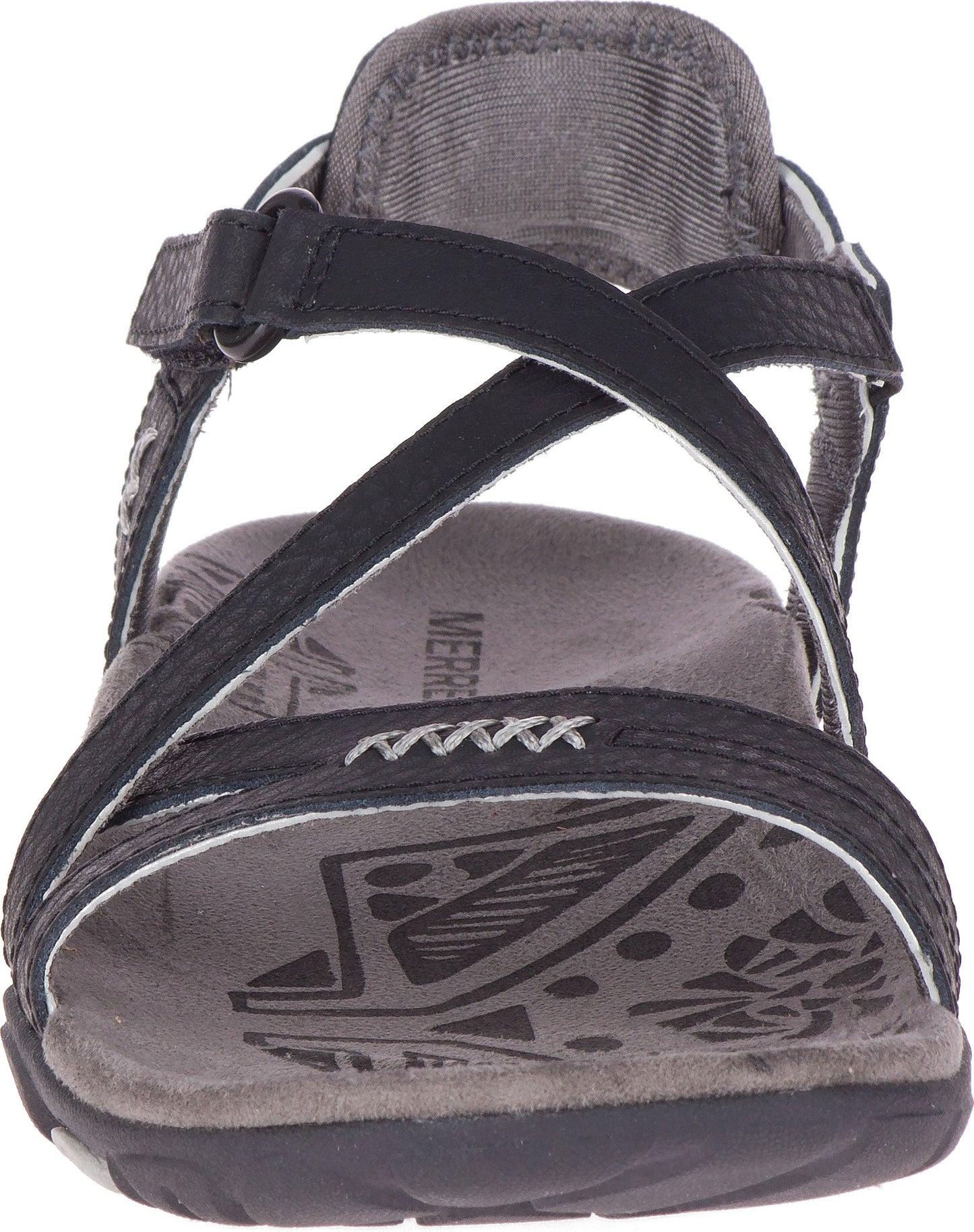Black strappy sandal with gray footbed and sole.