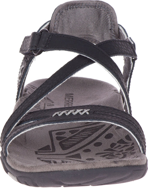 Black strappy sandal with gray footbed and sole.