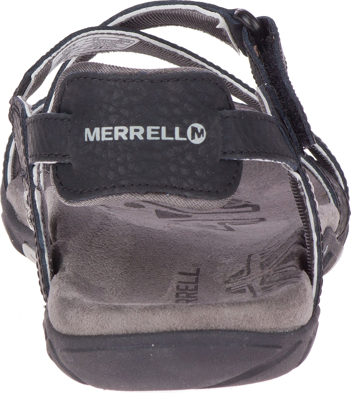 Rear view of a black sandal with a gray footbed and white details; "MERRELL" is printed on the heel.