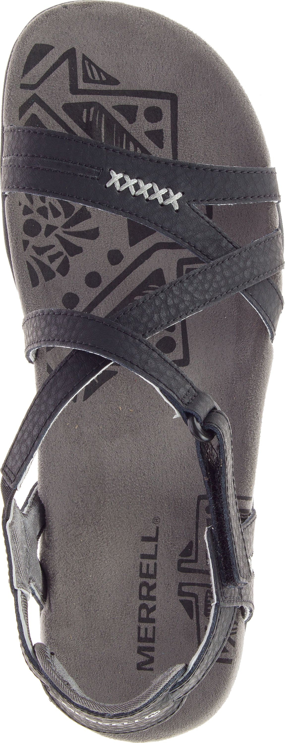 A sandal with decorative patterned insole and slender straps.