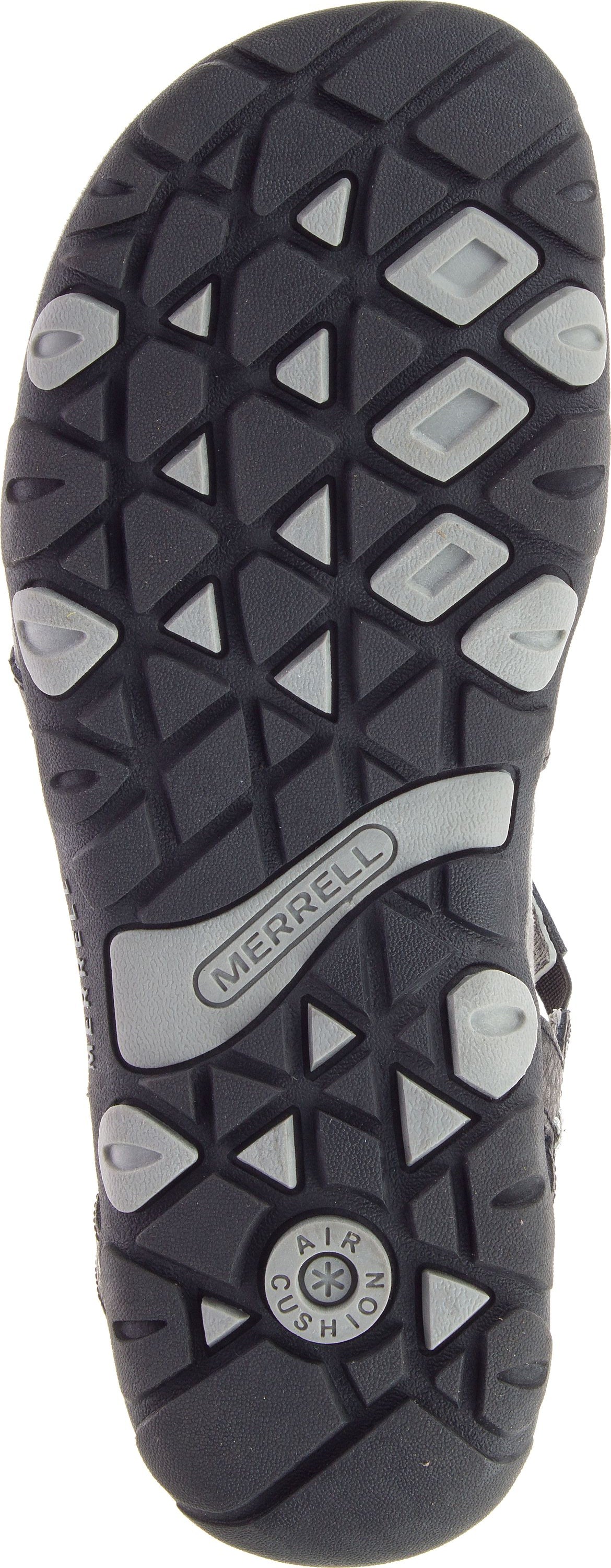 Bottom of a shoe featuring a detailed black and gray tread pattern and the word MERRELL.