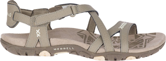 A khaki sandal with an adjustable strap.