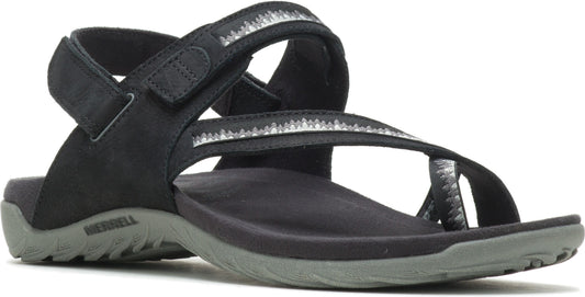 Black leather sandal with silver accents on straps, open-toe design, adjustable ankle strap, and grey sole.