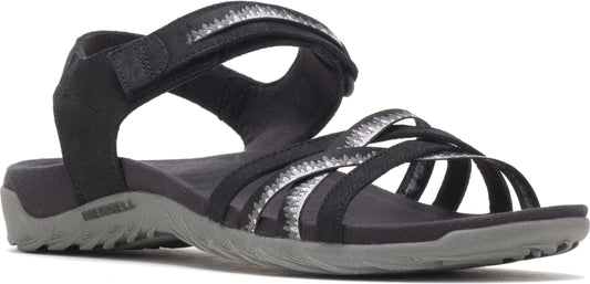 A sandal featuring a black adjustable strap and several straps across the toes.