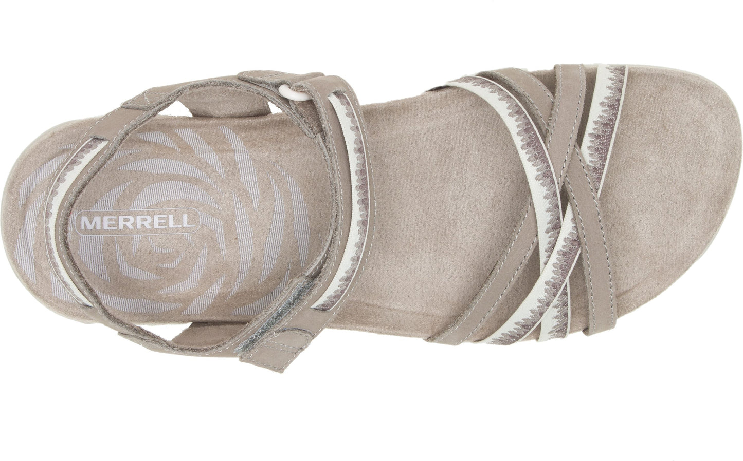Sandals with multiple light gray and white straps that crisscross over the foot.