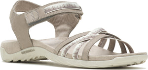 A beige sandal with velcro straps and a light gray sole.