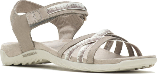 A beige sandal with velcro straps and a light gray sole.