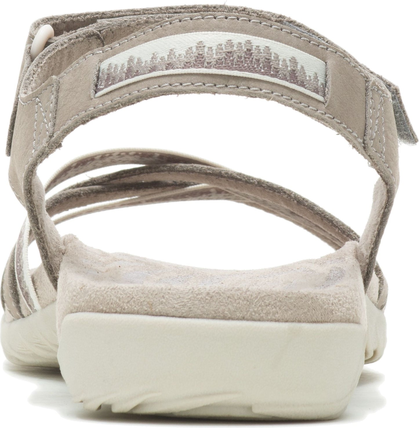 Beige sandal with multiple straps and adjustable velcro closure.
