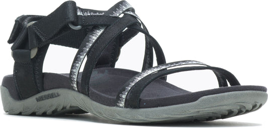 A black sandal with multiple straps.