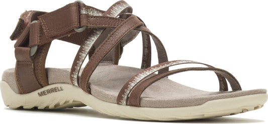 A brown sandal with multiple straps and a Velcro closure.