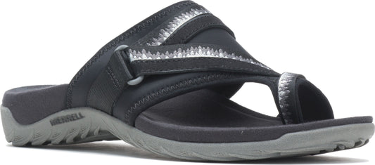 A sandal with a black and silver strap and a gray sole.
